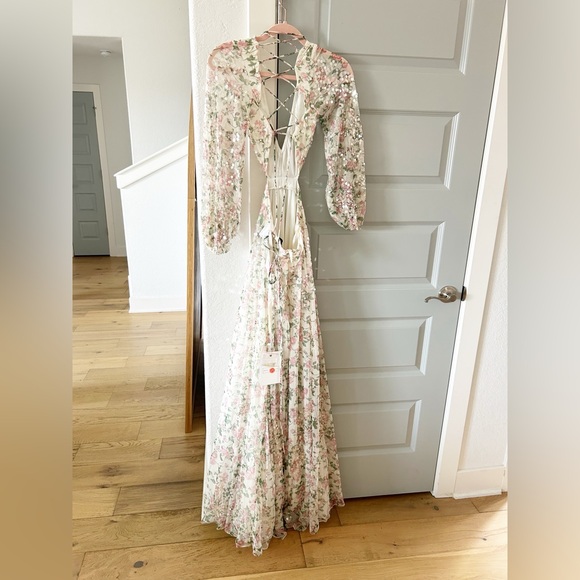 NWT A93746 Anthropologie Mac Duggal Sequined Floral Print Cutout Lace-Up Gown - Picture 6 of 7